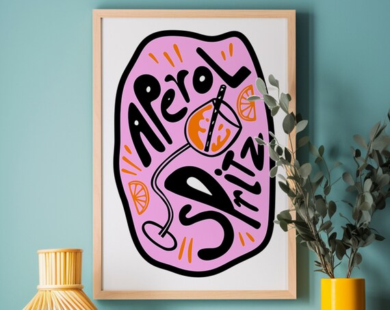 Aperol Spritz Pink Pop Art Cocktail Typography Bar Decor Poster