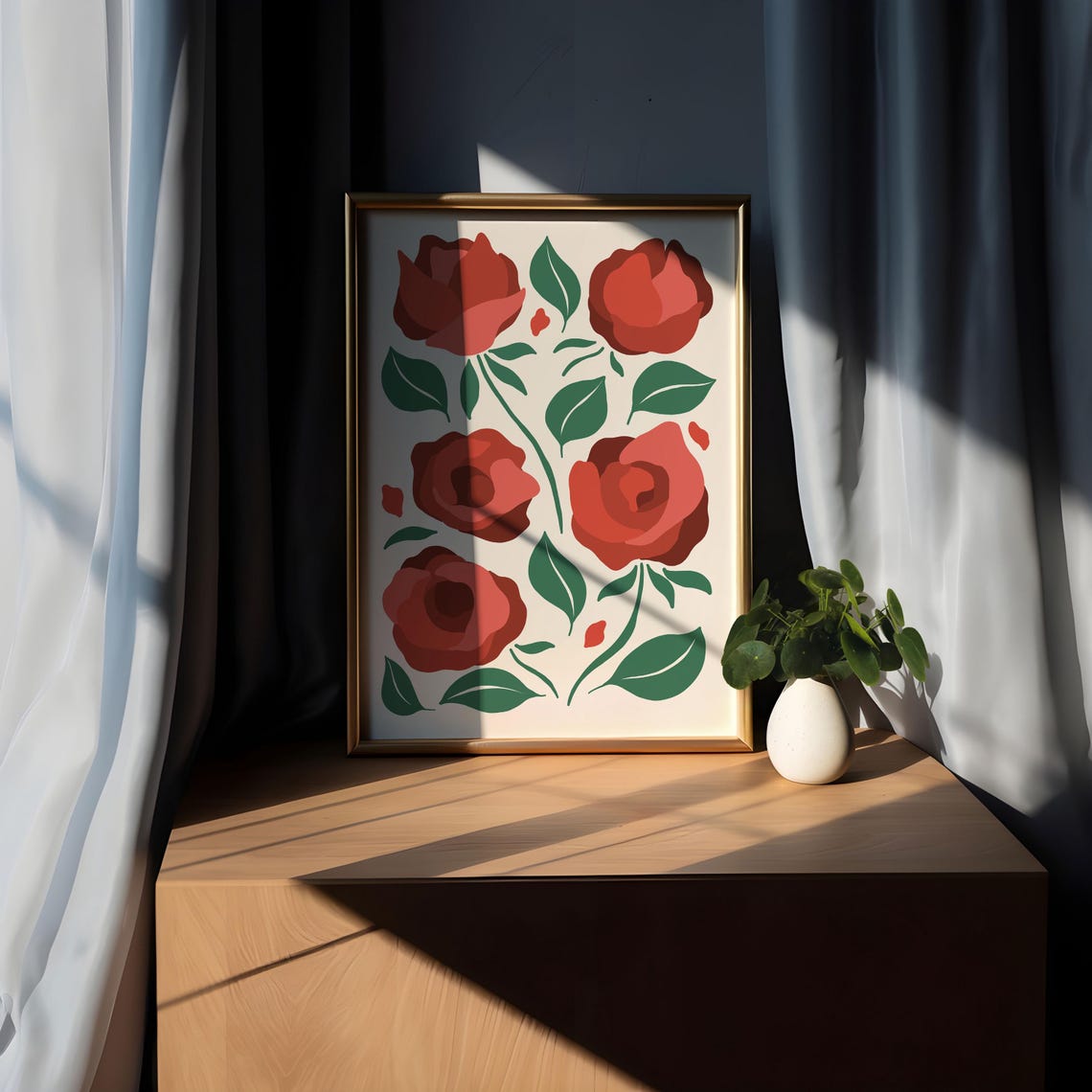 Red Rose Botanical Poster with Green Leaves on Cream Background - Image 5