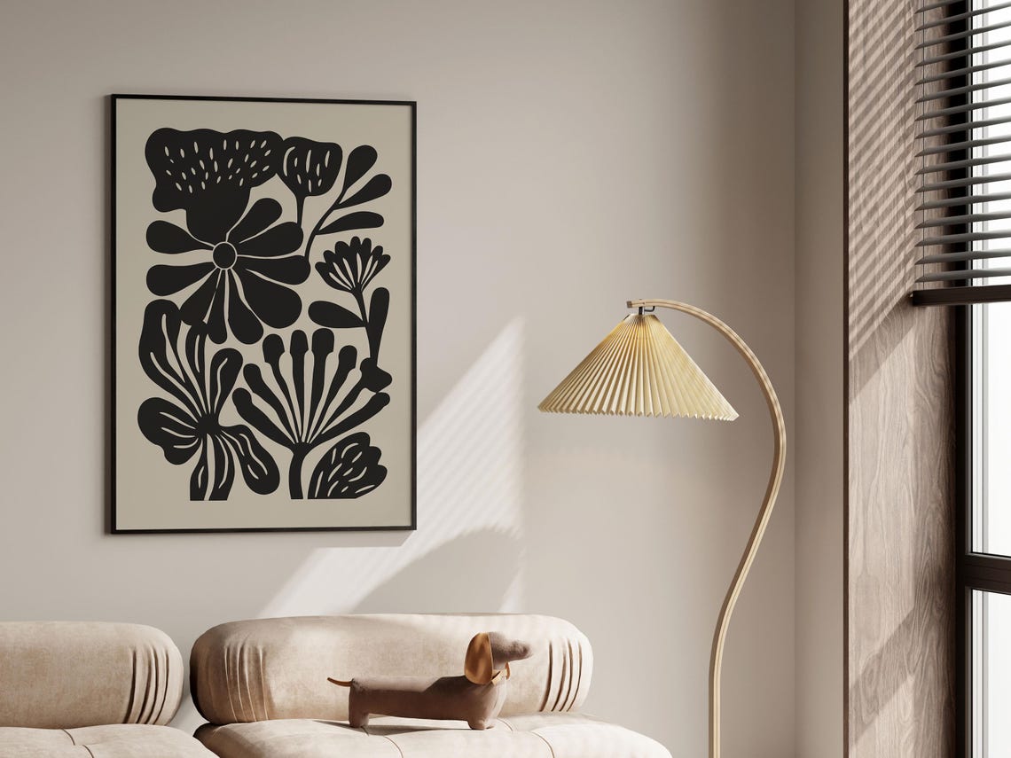 Beige Black Daisy Poppy Silhouette Retro Botanical Flower Poster - Image 3