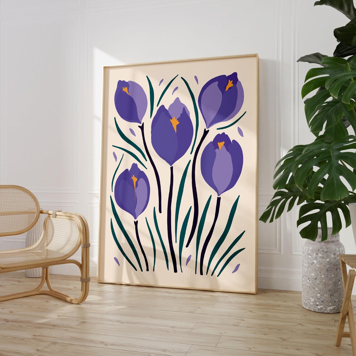 Purple Crocus Blossom Maximalist Flower Market Illustration Poster