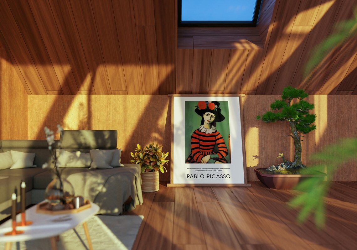 Woman in Striped Dress with Floral Hat Pablo Picasso Portrait Poster - Image 2