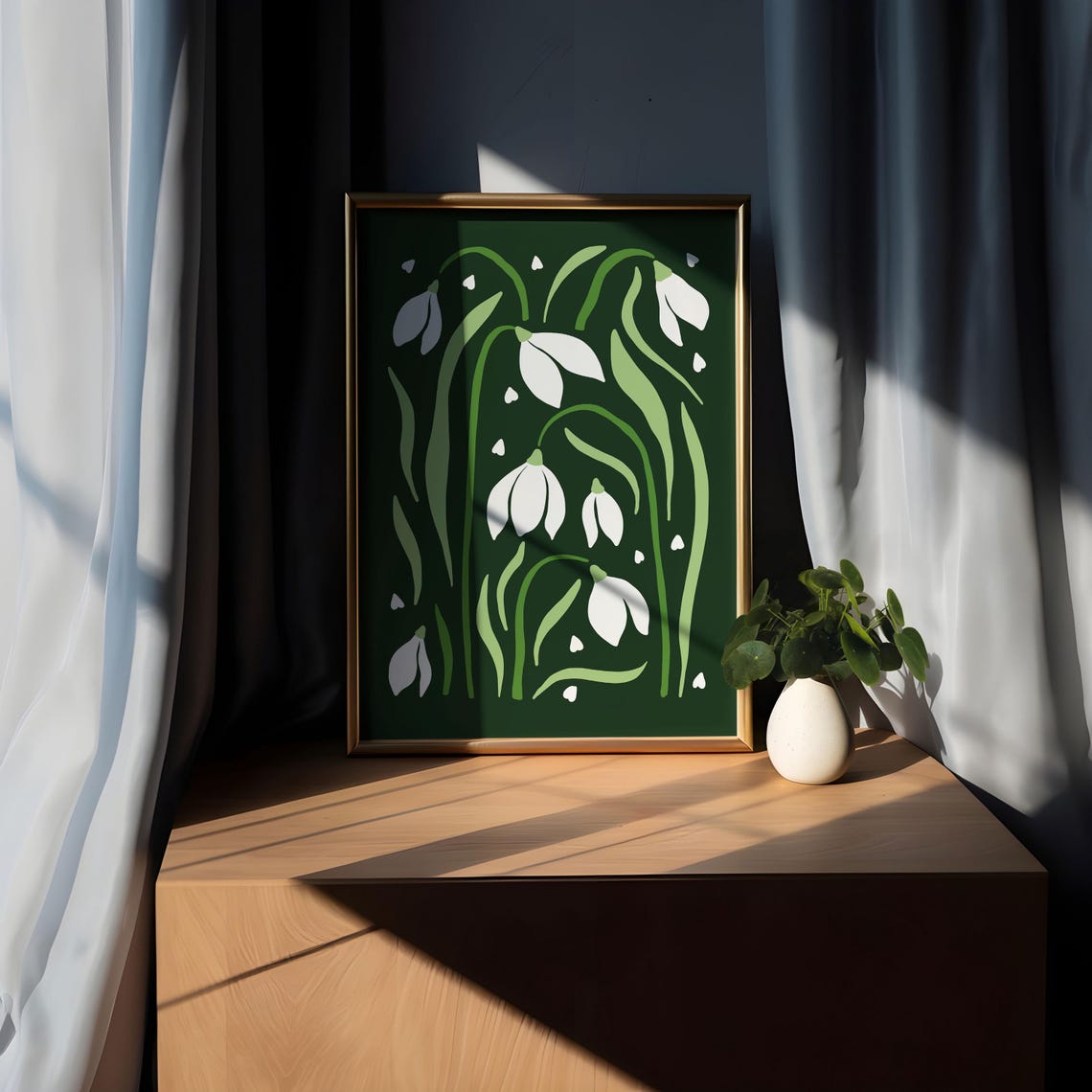 White Snowdrops on Dark Forest Green Modern Botanical Poster - Image 5