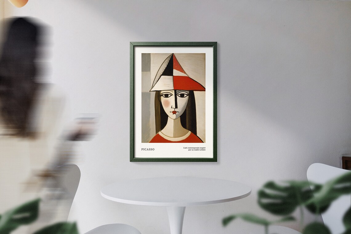 Picasso Style Cubist Woman Red Hat Portrait Neutral Beige Abstract Poster - Image 2