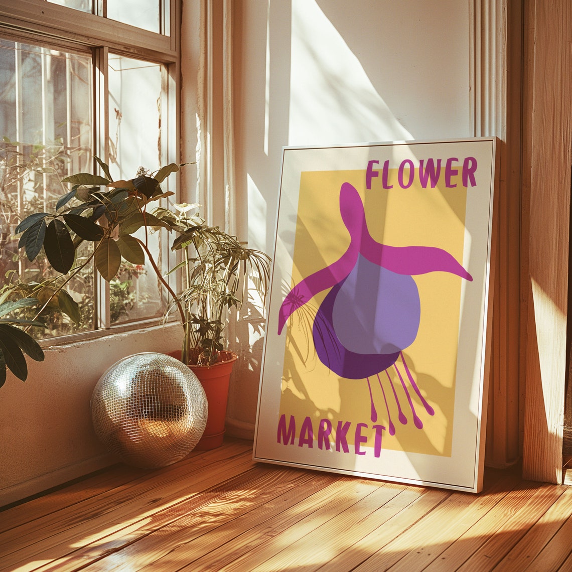 Purple Fuchsia Bloom on Yellow Retro Flower Market Art Poster
