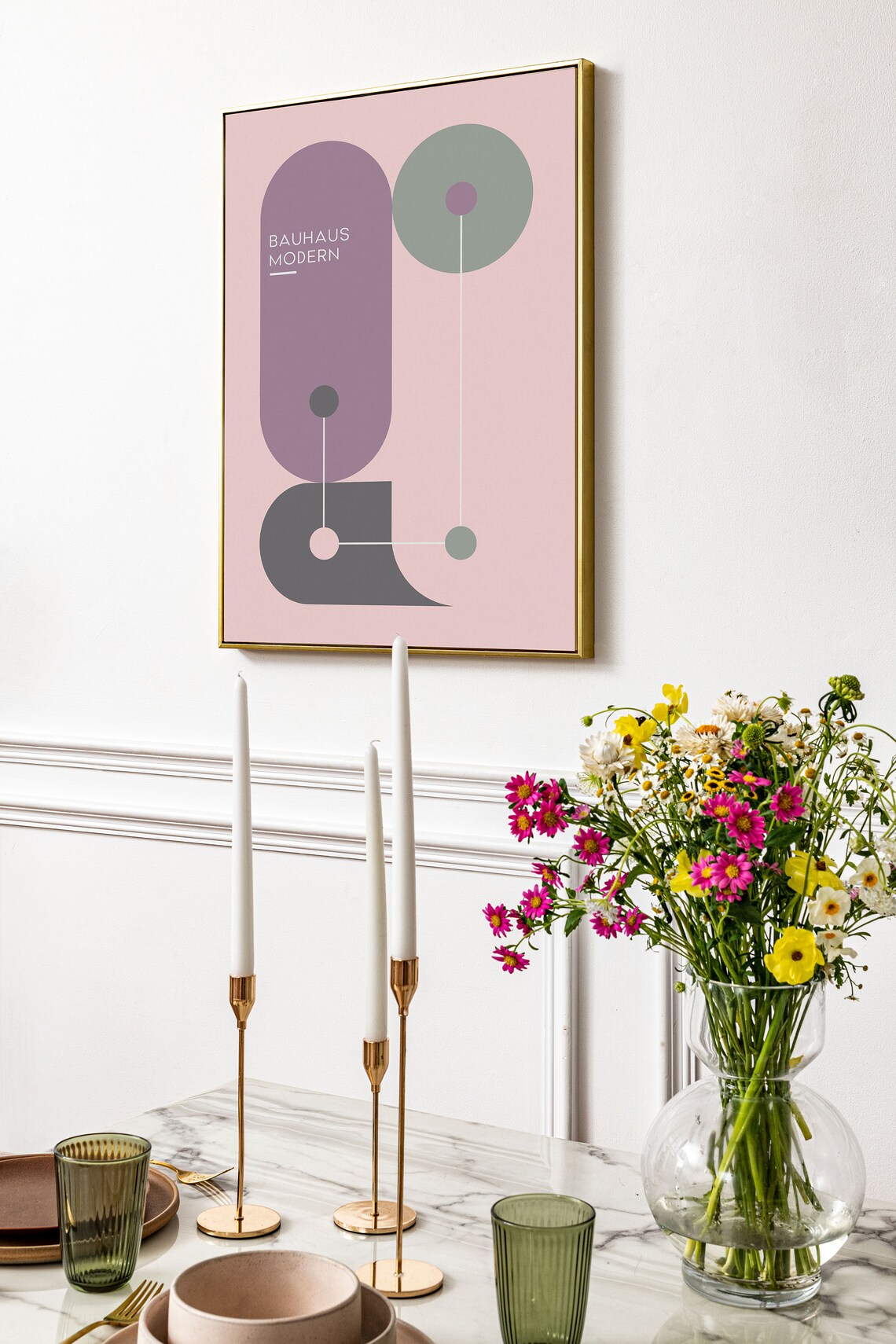 Pastel Pink Bauhaus Modern Abstract Mauve Sage Geometric Art Poster - Image 2