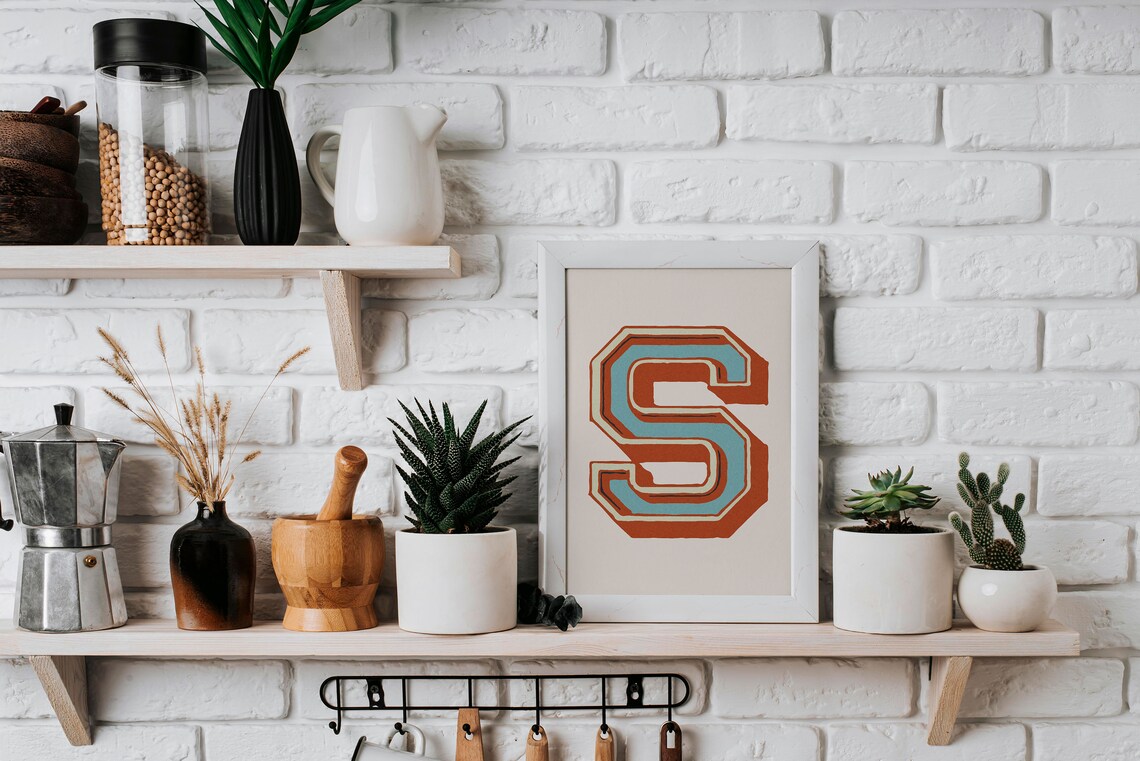Letter S Rust Orange Teal Varsity Alphabet Typography Eclectic Room Poster - Image 2
