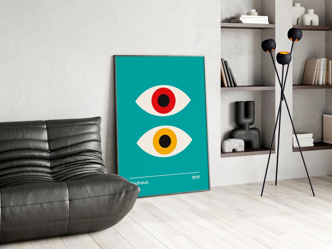 Bauhaus 1919 Double Eye Geometric Poster on Teal with Red and Gold - Image 5
