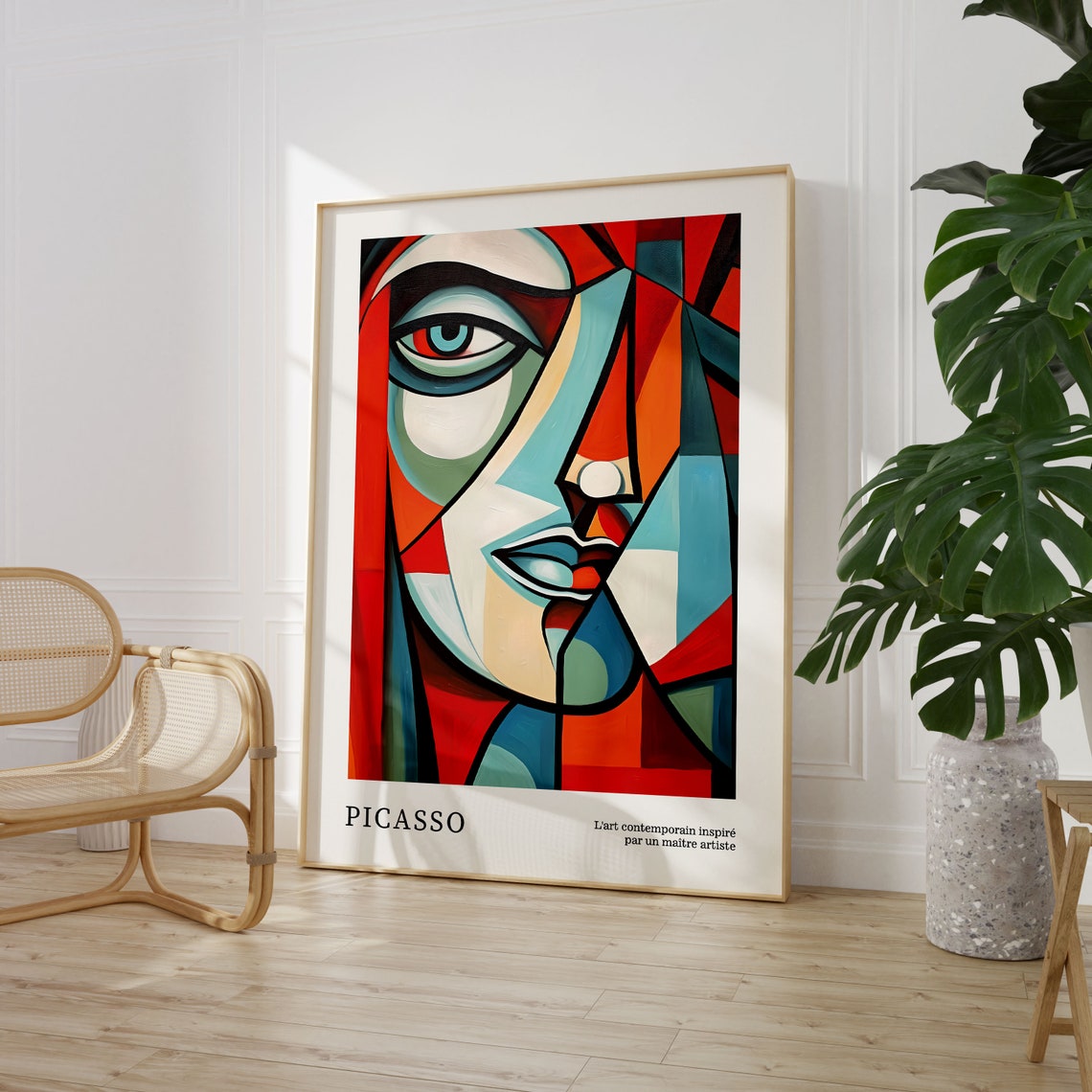 Red and Teal Fragmented Cubist Face in Modernist Picasso Style Poster