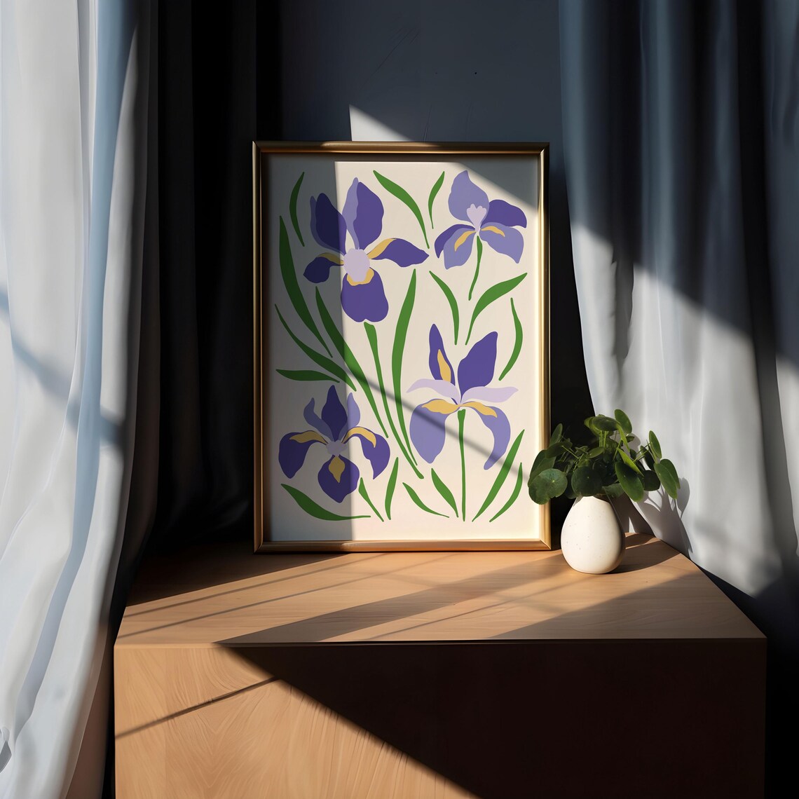 Purple Iris Botanical Poster with Green Leaves on Cream Background - Image 5