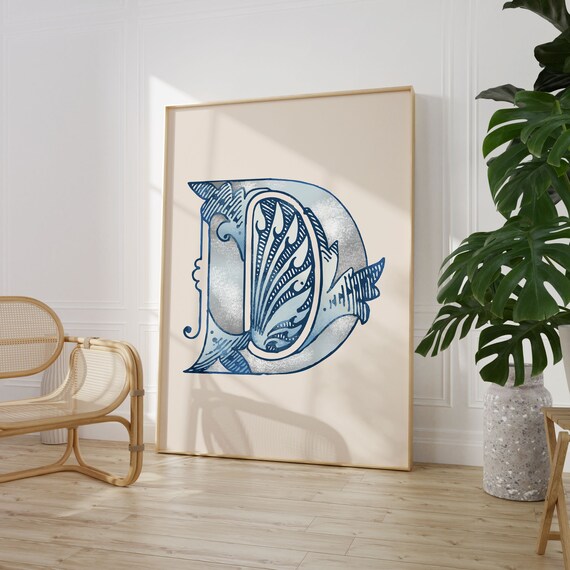 Letter D Dusty Blue Seashell Etched Alphabet Typography Beach Decor Poster