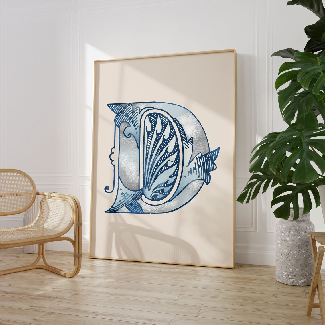 Letter D Dusty Blue Seashell Etched Alphabet Typography Beach Decor Poster