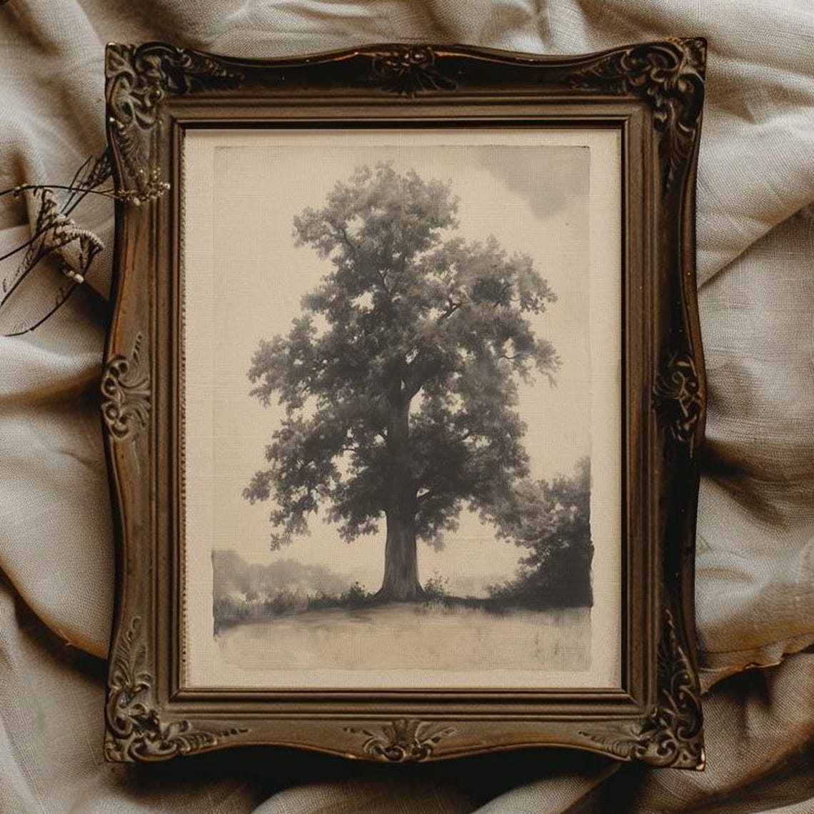Lone Oak Tree In A Misty Field Vintage Botanical Style Print