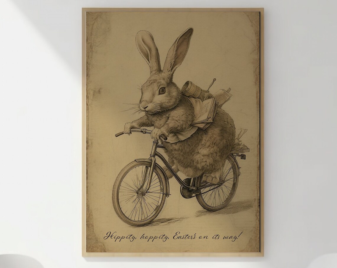 Vintage Easter Bunny Riding Bicycle Sepia Illustration Print