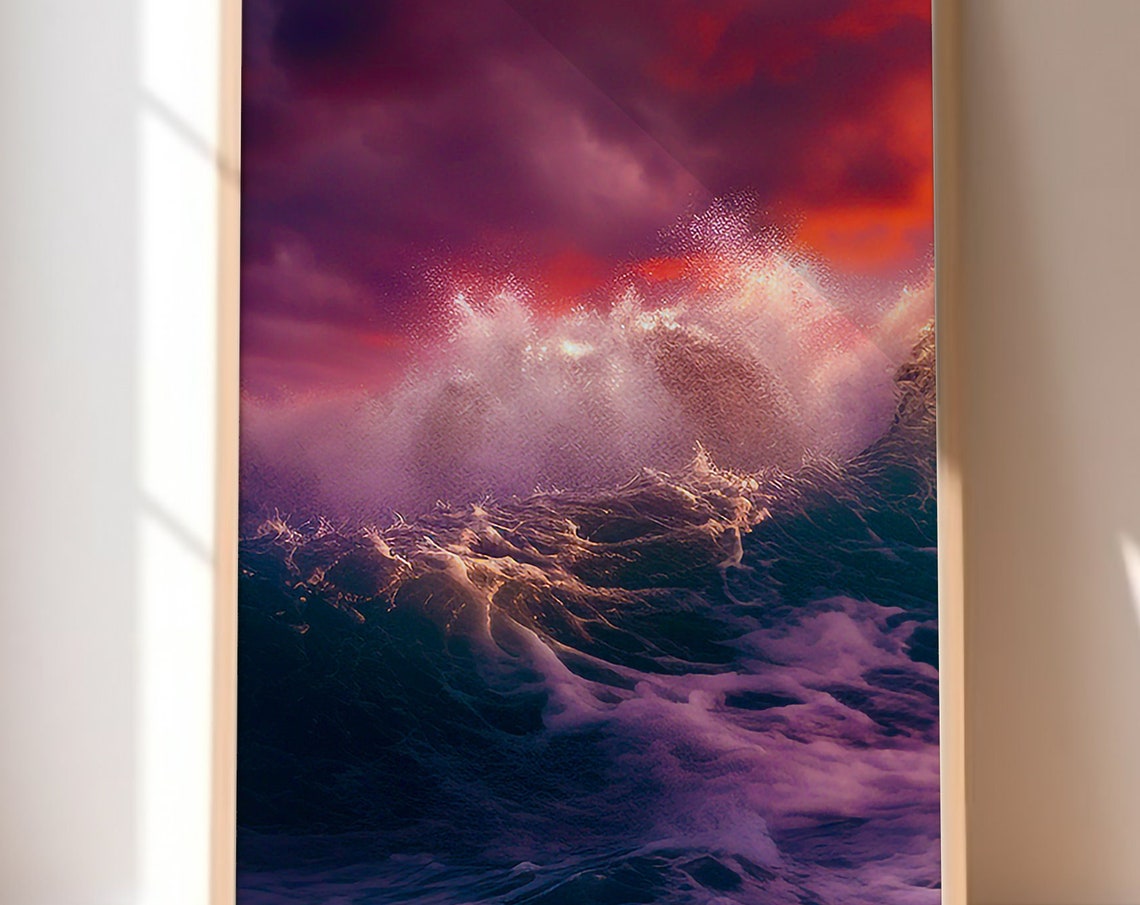 Pink and Purple Ocean Wave at Sunset Dramatic Seascape Poster