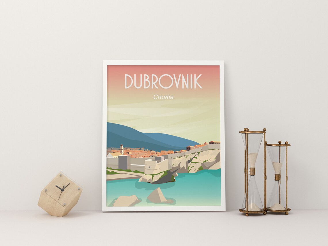 Dubrovnik Croatia Travel Poster Old Town Walls Sea Sunset Art - Image 2