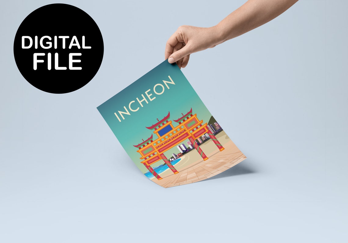 Incheon Korea Travel Poster Traditional Gate Waterfront Scene - Image 2