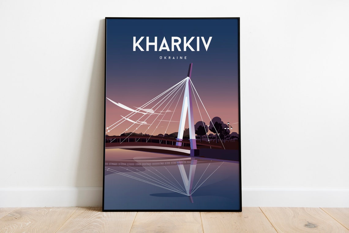 Kharkiv Ukraine Modern Cable Stayed Bridge Sunset Travel Poster