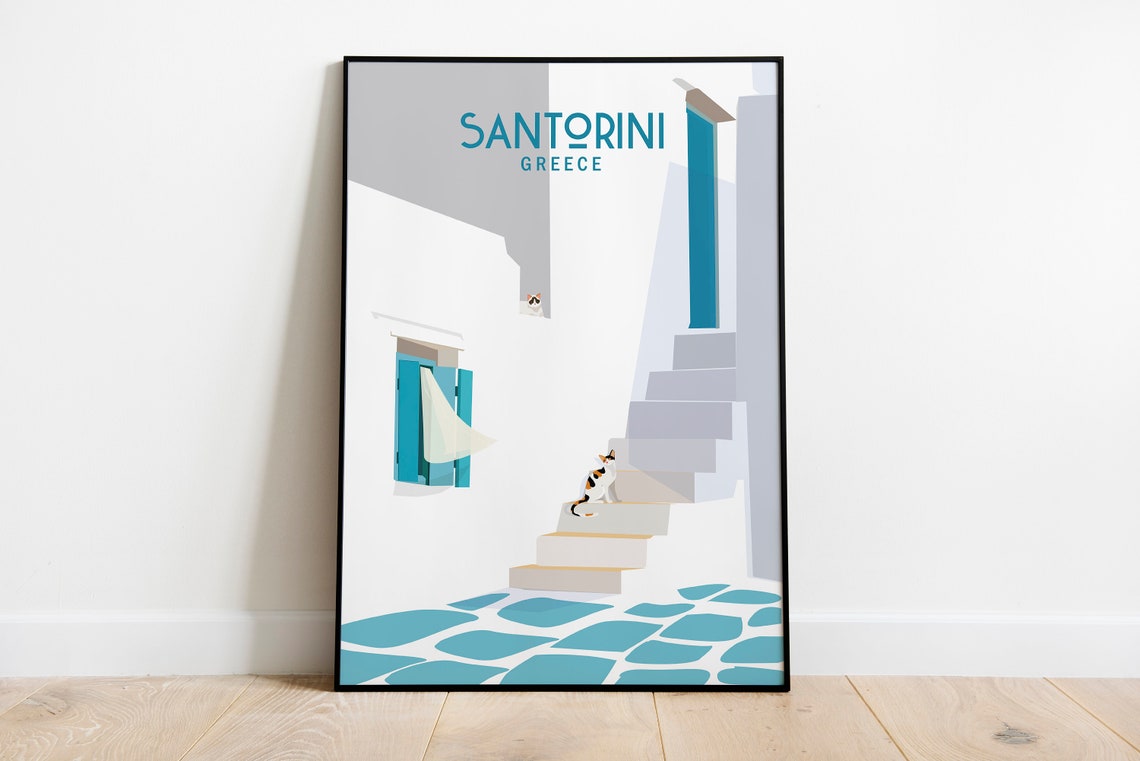 Santorini Greece Travel Poster Blue Door White Alley Cats Scene