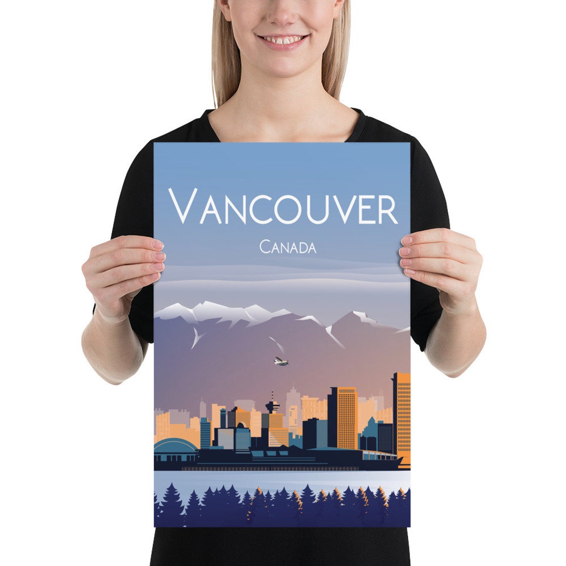Vancouver Canada Travel Poster Skyline Mountains Seaplane Scene - Image 2