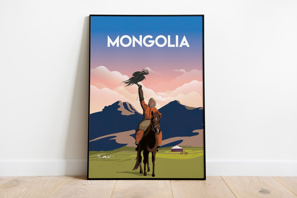 Mongolia Eagle Hunter on Horseback Steppe Sunset Vintage Travel Poster