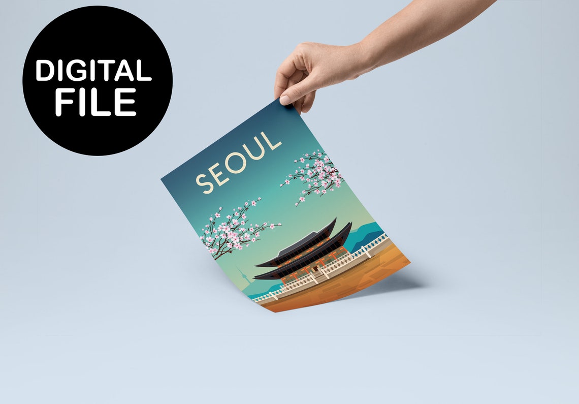 Seoul Korea Travel Poster Palace Spring Cherry Blossom Scene - Image 2