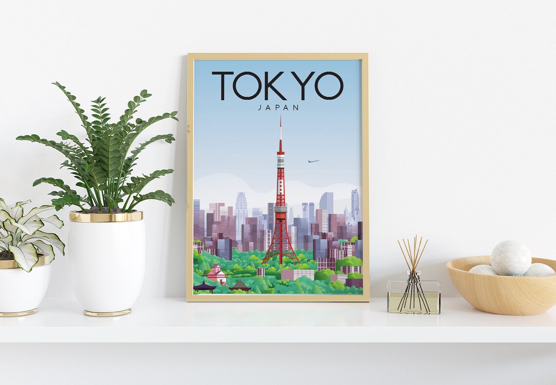 Tokyo Japan Travel Poster Tokyo Tower Skyline Retro Illustration - Image 3
