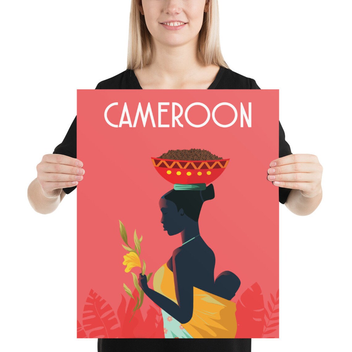 Cameroon Travel Poster African Woman Carrying Basket Vintage Art - Image 2