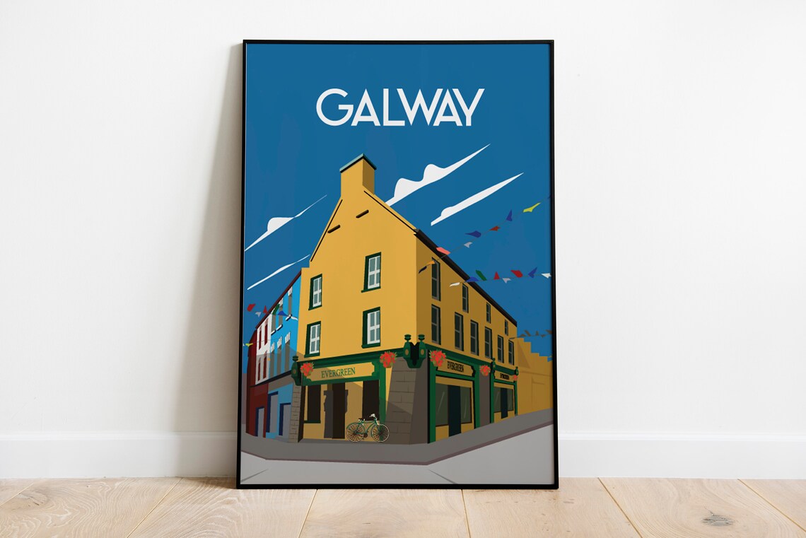 Galway Ireland Travel Poster Colorful Pub Street Corner Scene