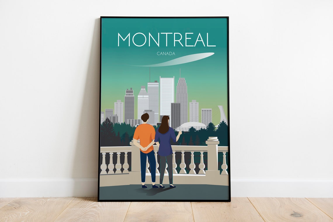 Montreal Canada Travel Poster City Skyline Couple Viewpoint Art