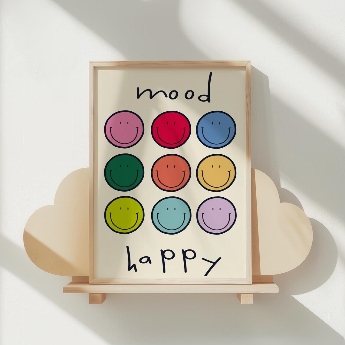 Mood Happy Nine Colorful Rainbow Smiley Faces Kids Room Art Poster