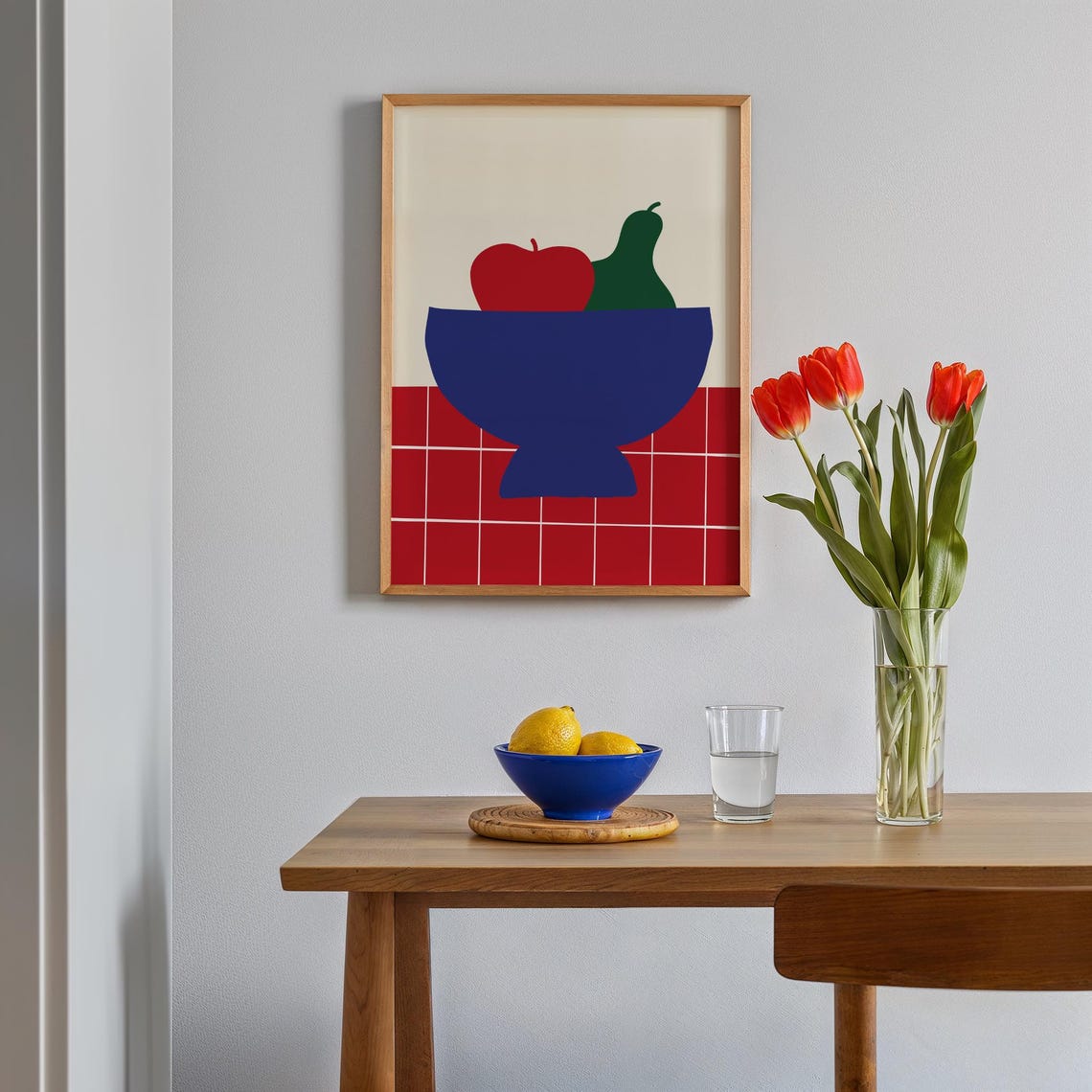 Blue Bowl with Apple and Pear on Red Tile Bold Kitchen Art Poster