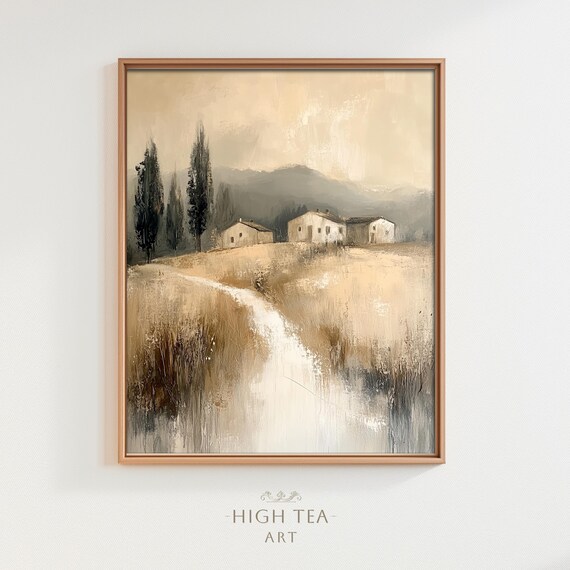 Vintage Farmhouse Country Landscape Oil Painting Art Print Field Hills Village River Rustic Wall Decor Hta257
