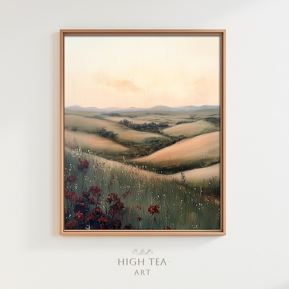 Rolling Hills Wildflowers Misty Meadow Oil Painting Neutral Wall Art