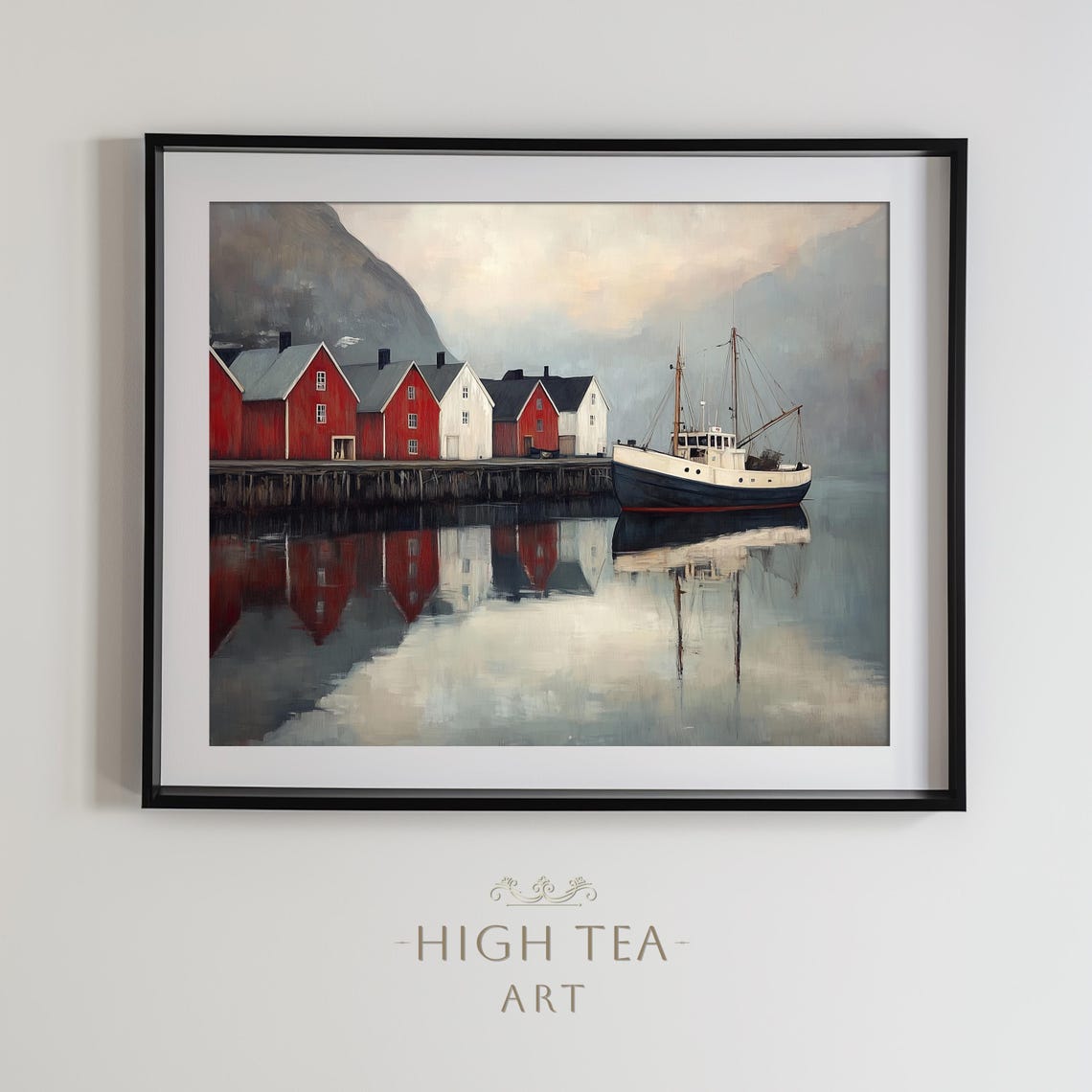 Moody Norwegian Fishing Village Oil Painting Art Print Red White Houses Norway Coast Fjord Ship Boat Harbor Hta147