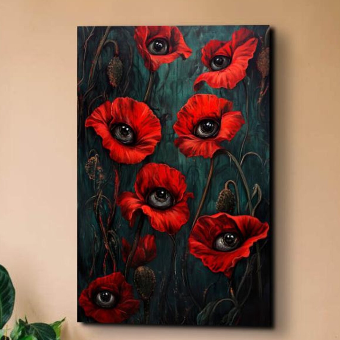 Red Poppies With Watchful Eyes Surreal Dark Floral Art Poster