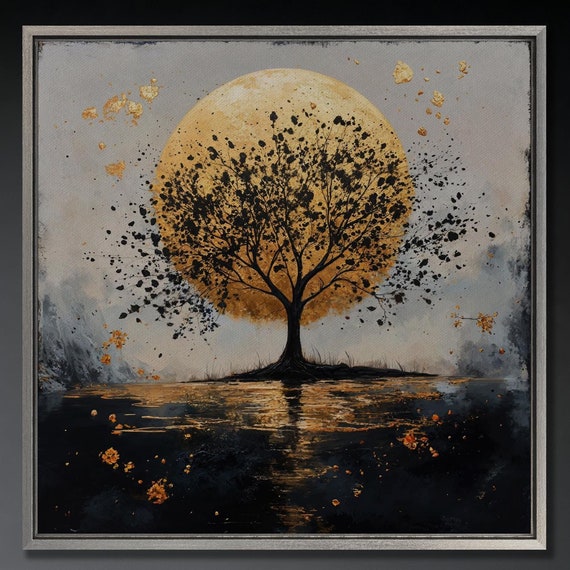 Mystical Tree And Golden Moon Wall Art Surreal Landscape Painting Print Abstract Nature Wall Decor Large Scenery Poster Ready To Hang