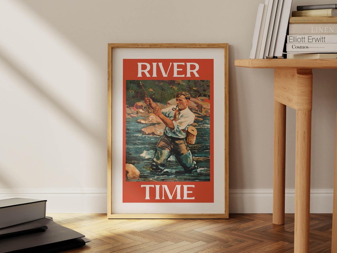 River Time Vintage Fly Fisherman Wading Retro Fishing Poster