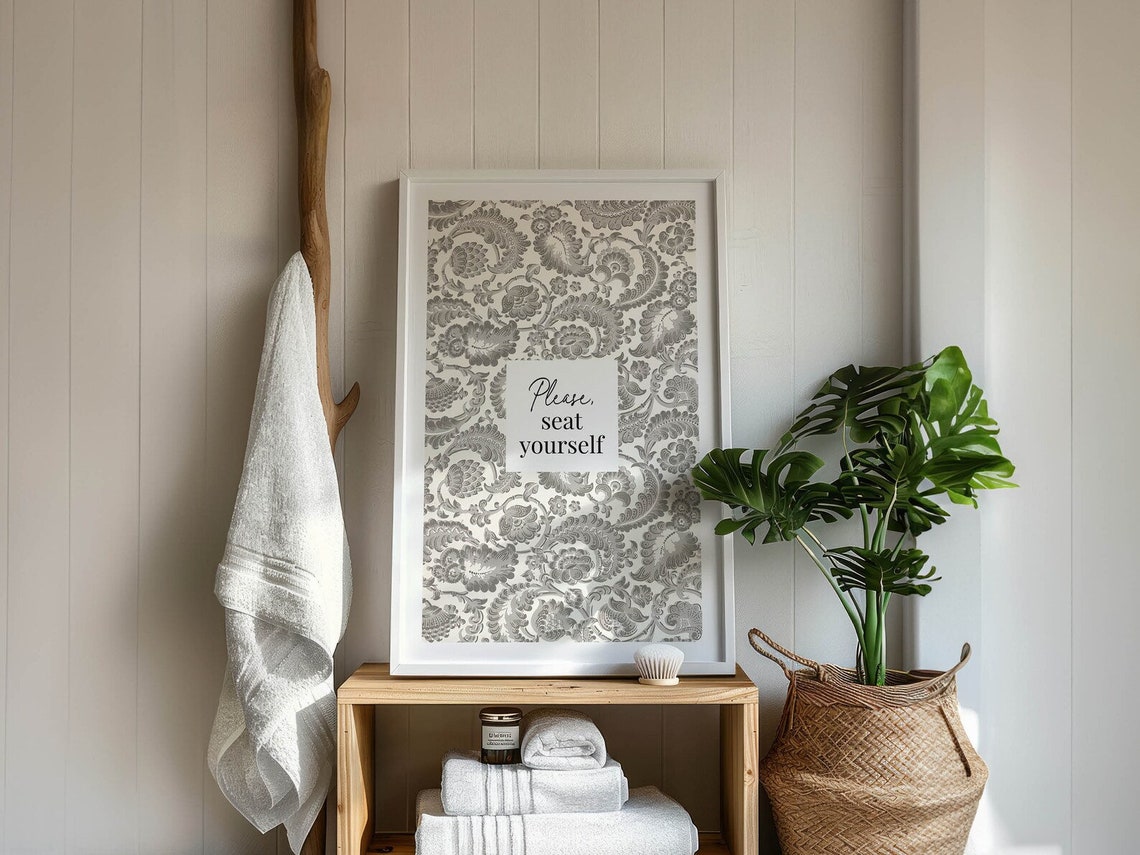 Please Seat Yourself Gray Floral Damask Bathroom Humor Poster - Image 2