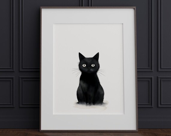 Minimalist Black Cat with Big White Eyes Halloween Art Poster