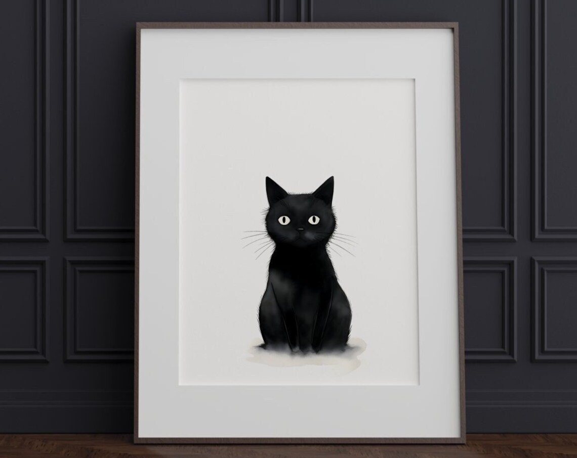 Minimalist Black Cat with Big White Eyes Halloween Art Poster