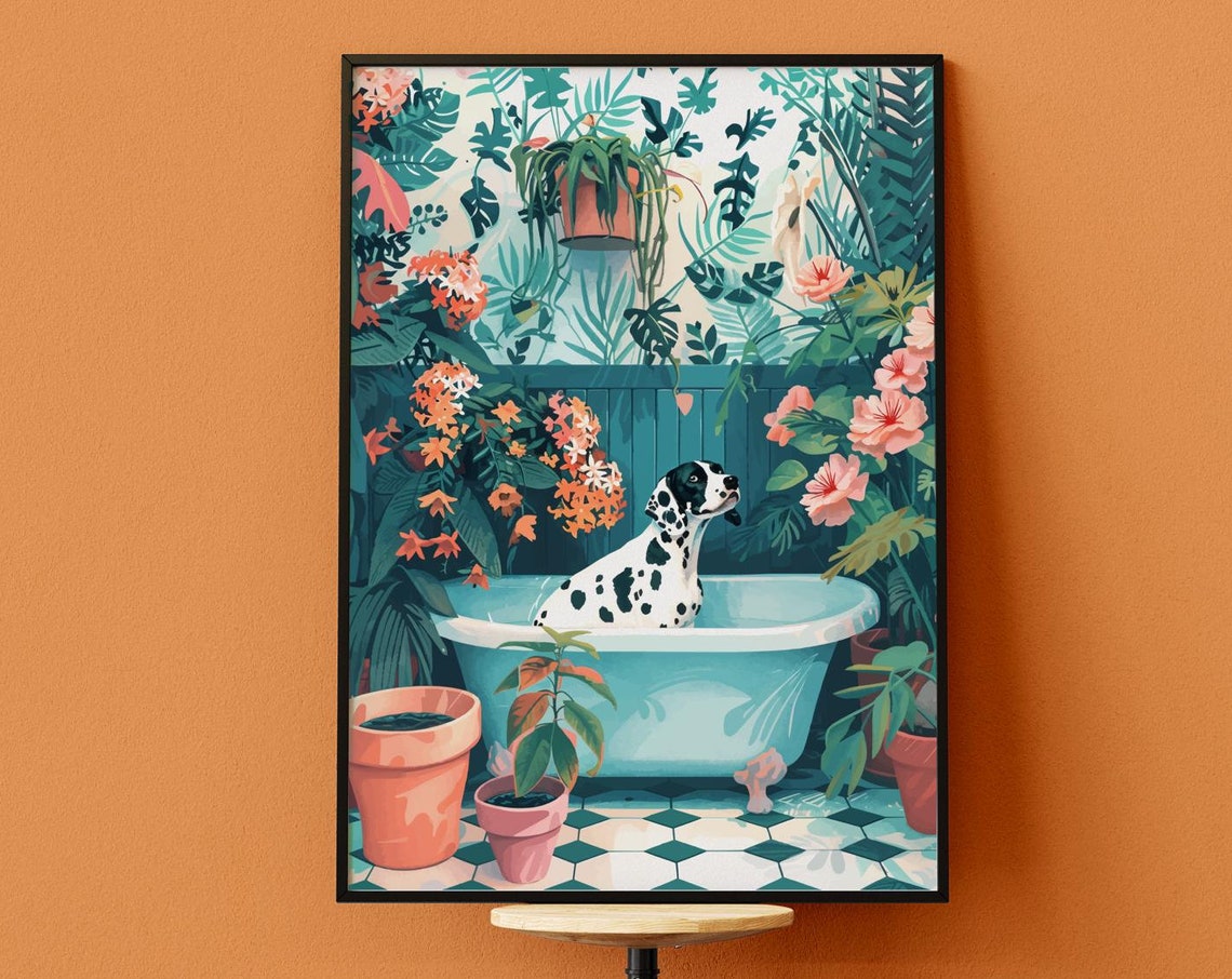 Dalmatian Dog in a Bathtub Among Lush Tropical Jungle Plants Poster - Image 4