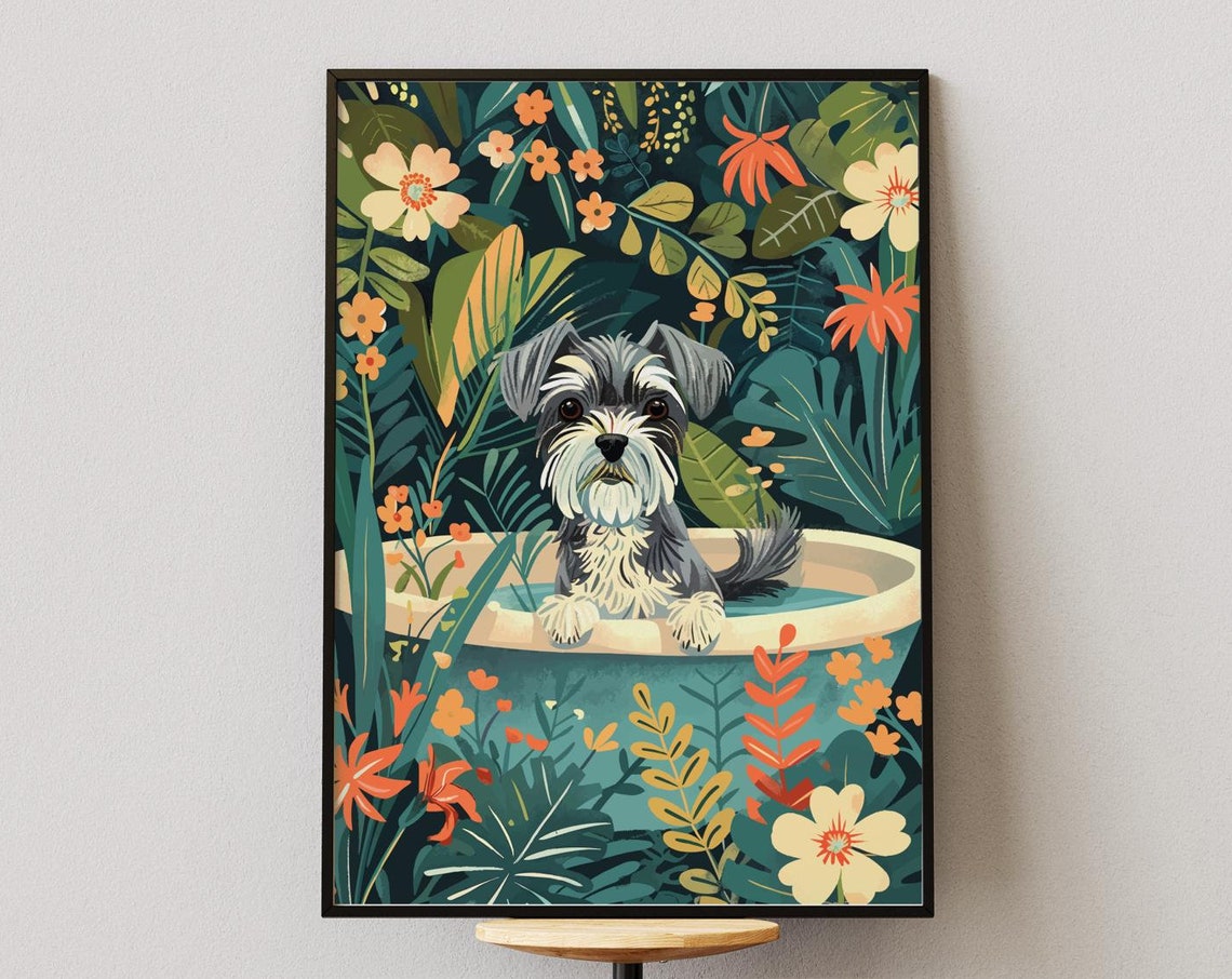 Miniature Schnauzer Wall Art On Fine Art Paper Boho Jungle Bathtub Print Maximalist Botanical Decor Eclectic Tropical Nursery Poster - Image 4