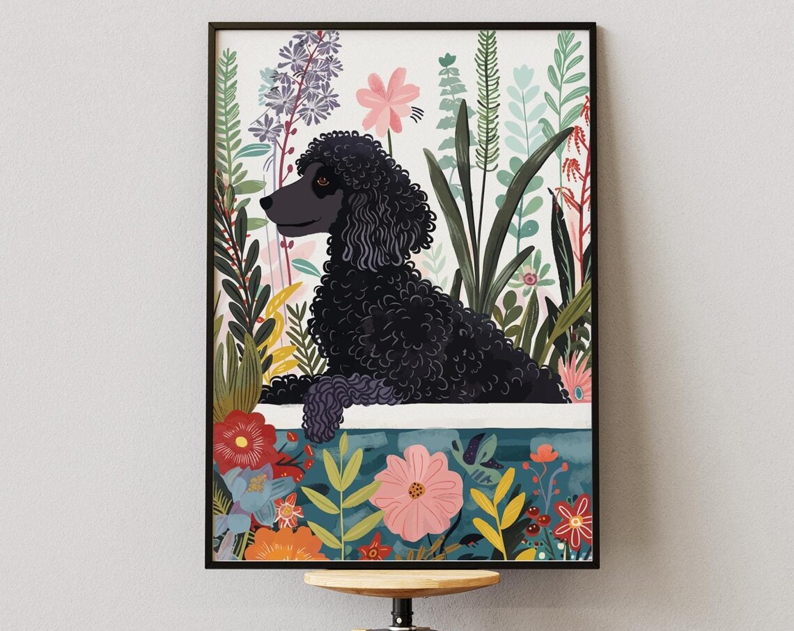 Black Standard Poodle Boho Jungle Botanical Poster