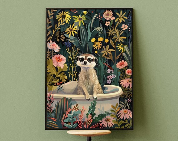 Meerkat in Bathtub Wildflower Meadow Cute Quirky Animal Poster