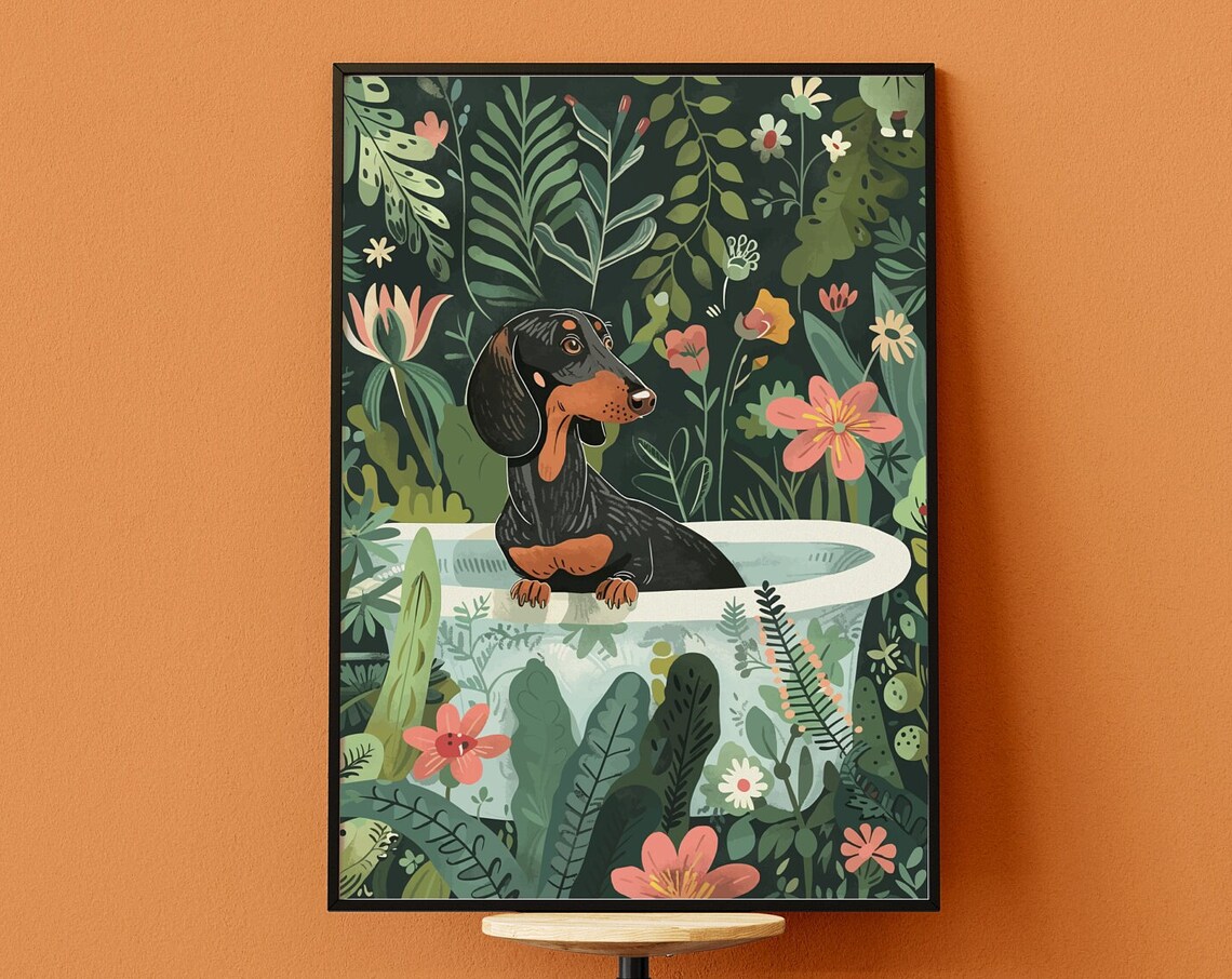 Dachshund Wall Art Print, Eclectic Tropical Boho