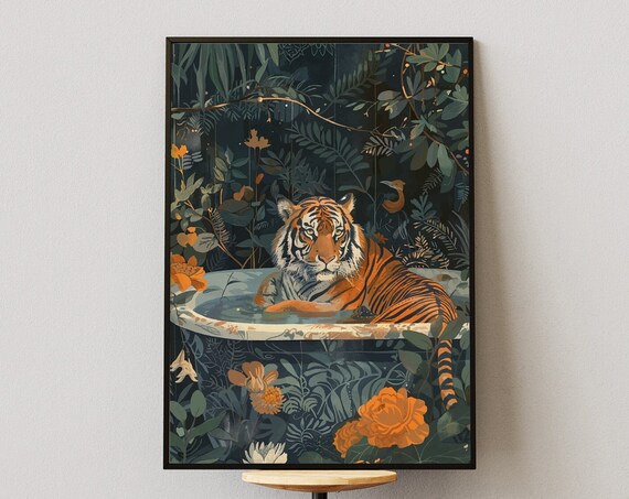 Tiger in Bathtub Moonlit Jungle Night Floral Garden Animal Poster