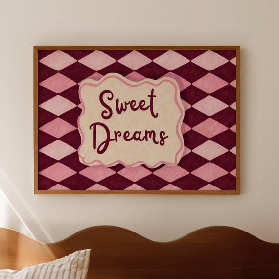 Sweet Dreams Pink Ruby Quote Print Horizontal Above Bed Oil Painting Wall Art Hand Drawn Retro Checkered Typography Trendy Bedroom Poster