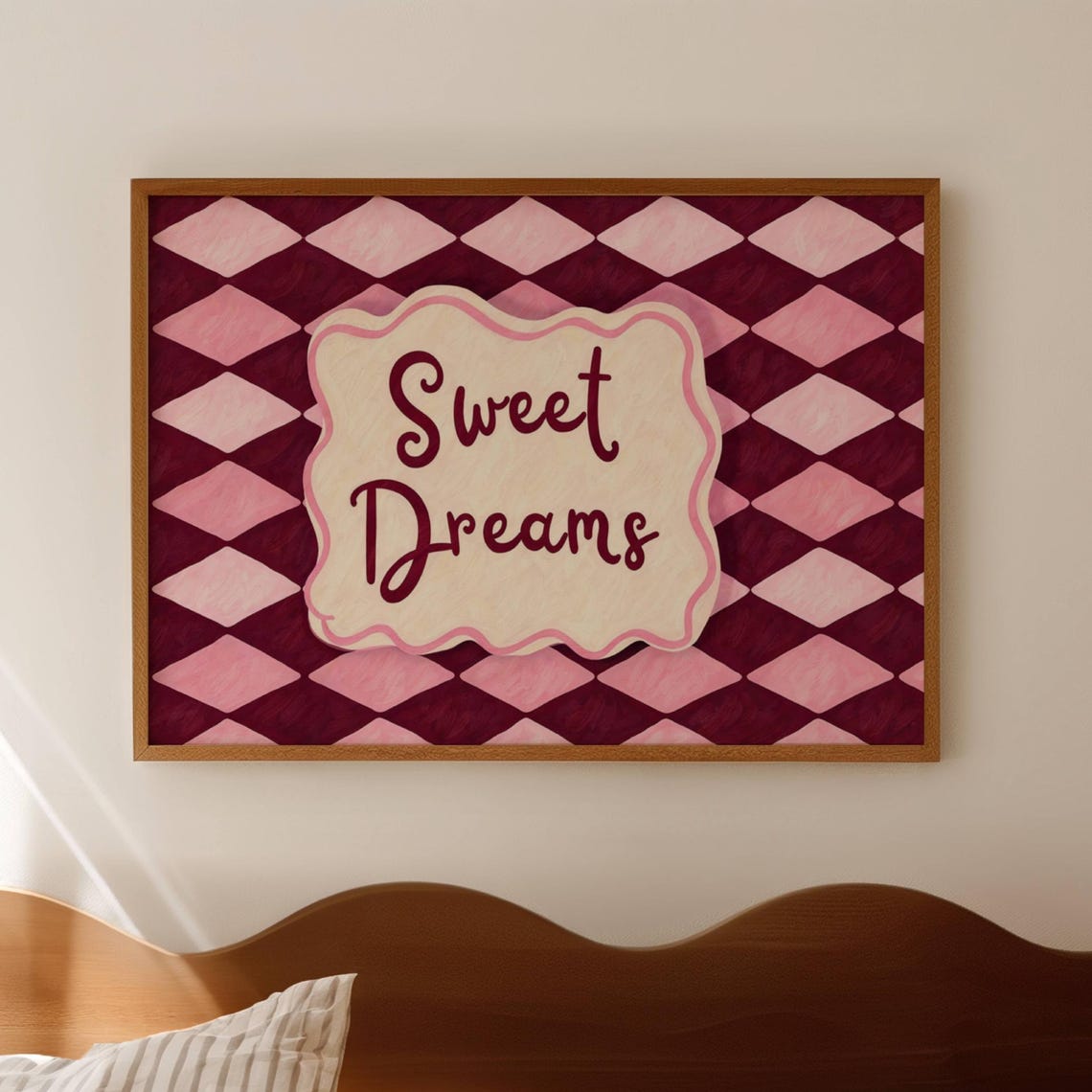 Sweet Dreams Script on Pink Diamond Pattern Cozy Bedroom Poster