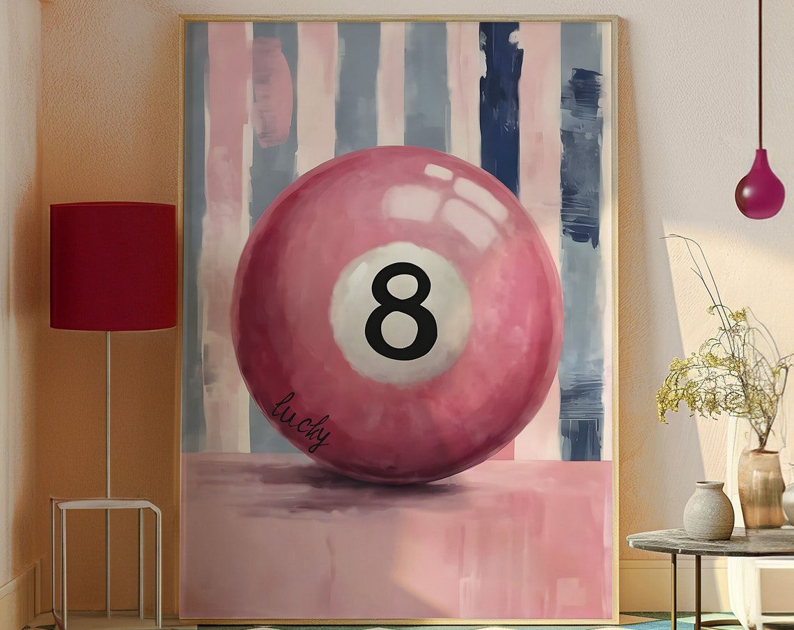 Pink Lucky 8 Ball Retro Pool Hall Print With Striped Backdrop - Image 4