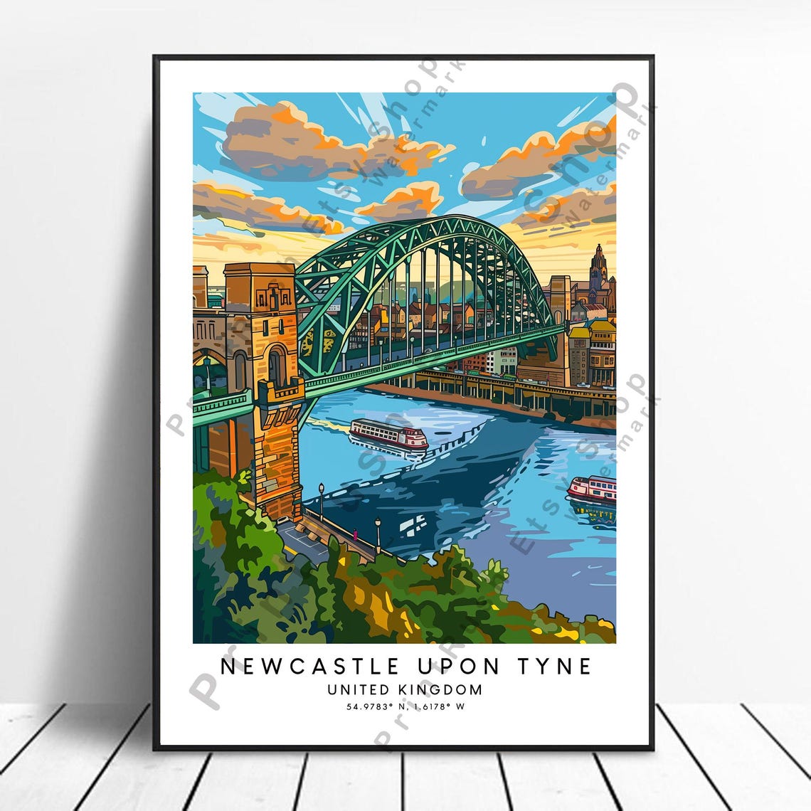 Newcastle Upon Tyne Bridge River Vintage Illustration Travel Poster